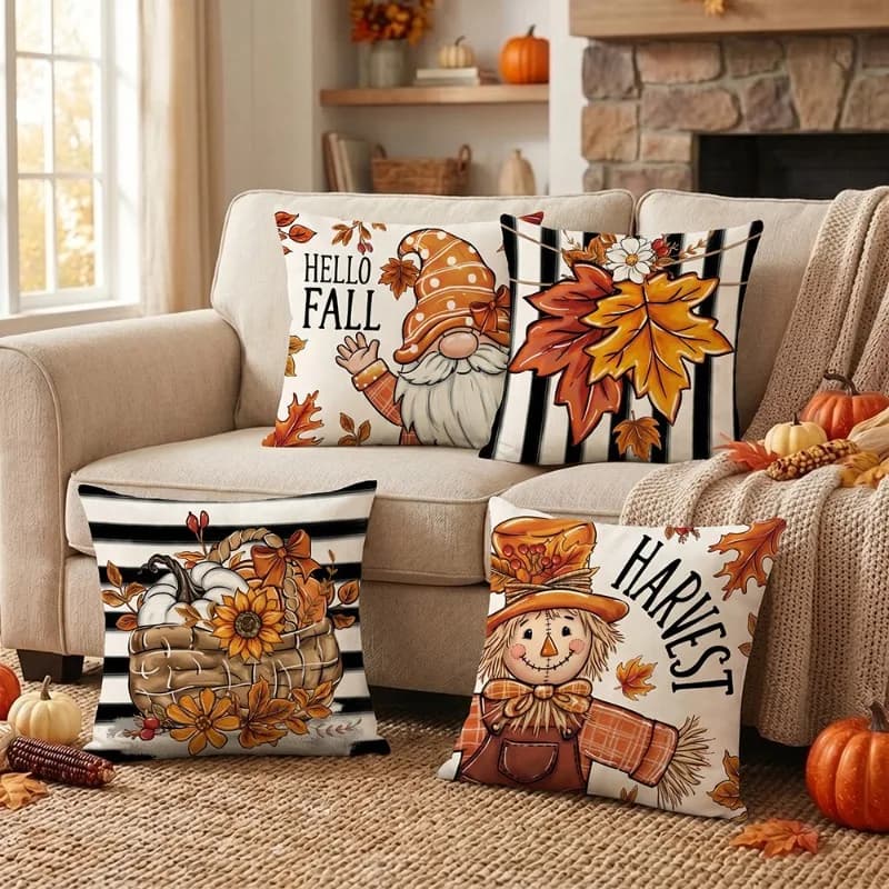 45x45cm Fall Harvest Throw Pillow Cover Scarecrow Maple Leaf Pumpkin Sunflower Printed Square Cushion Case Home Decor Pillowcase