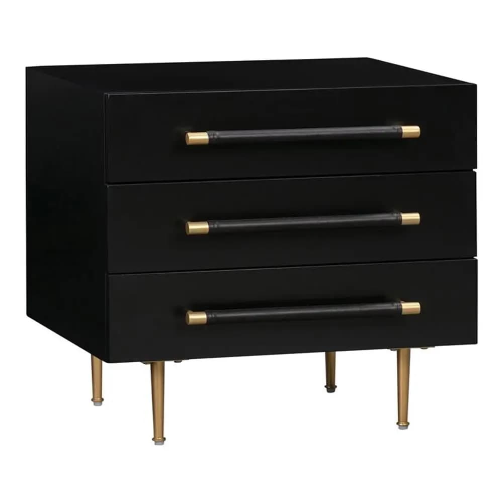 Comodino Nero a 3 Cassetti con Chiusura Ammortizzata, Maniglie in Pelle Vegana, Dettagli in Ottone, 28x19x22, Ampio Spazio Contenitivo, Arredamento Camera da Letto, Personalizzabile