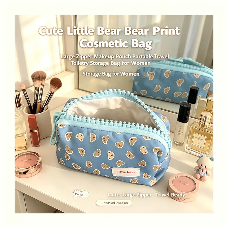 Kawaii Bear Pattern Makeup Bag Teeth Big Zipper Travel Makeup Cosmetic Pouch Portable Ladies Storage Purse Birthday present