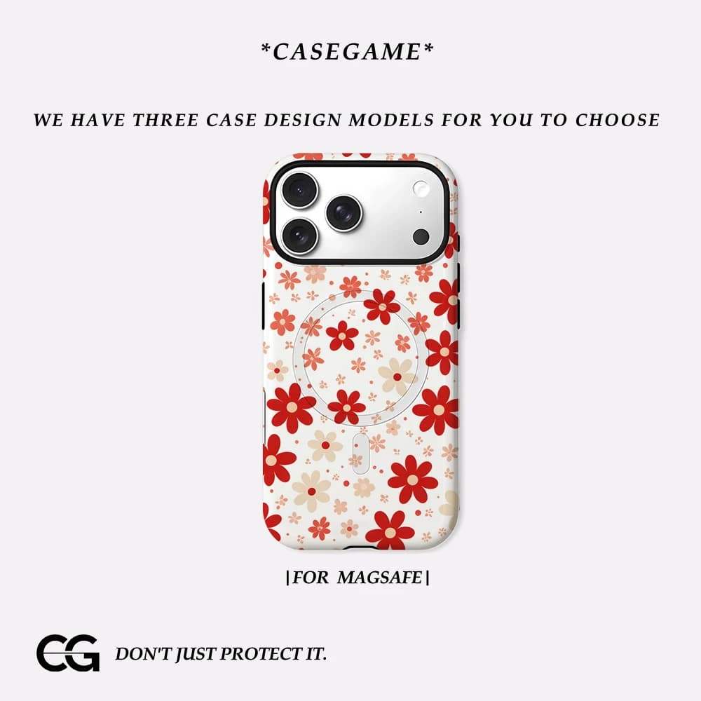 Casegame Cover Opaca Antiurto per iPhone 17 16 15 14 Plus 13 Pro Max con Bumper per MagSafe, in PC Rigido, Motivo Margherite Rosse