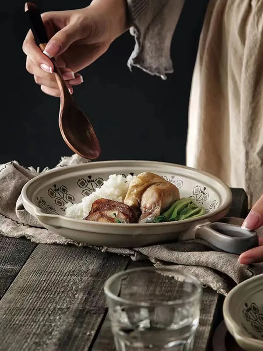 Flat-bottom ceramic tiles for frying/Wok, fruit/batht dish with handle, dish for dinner, buffet, restaurant, pots