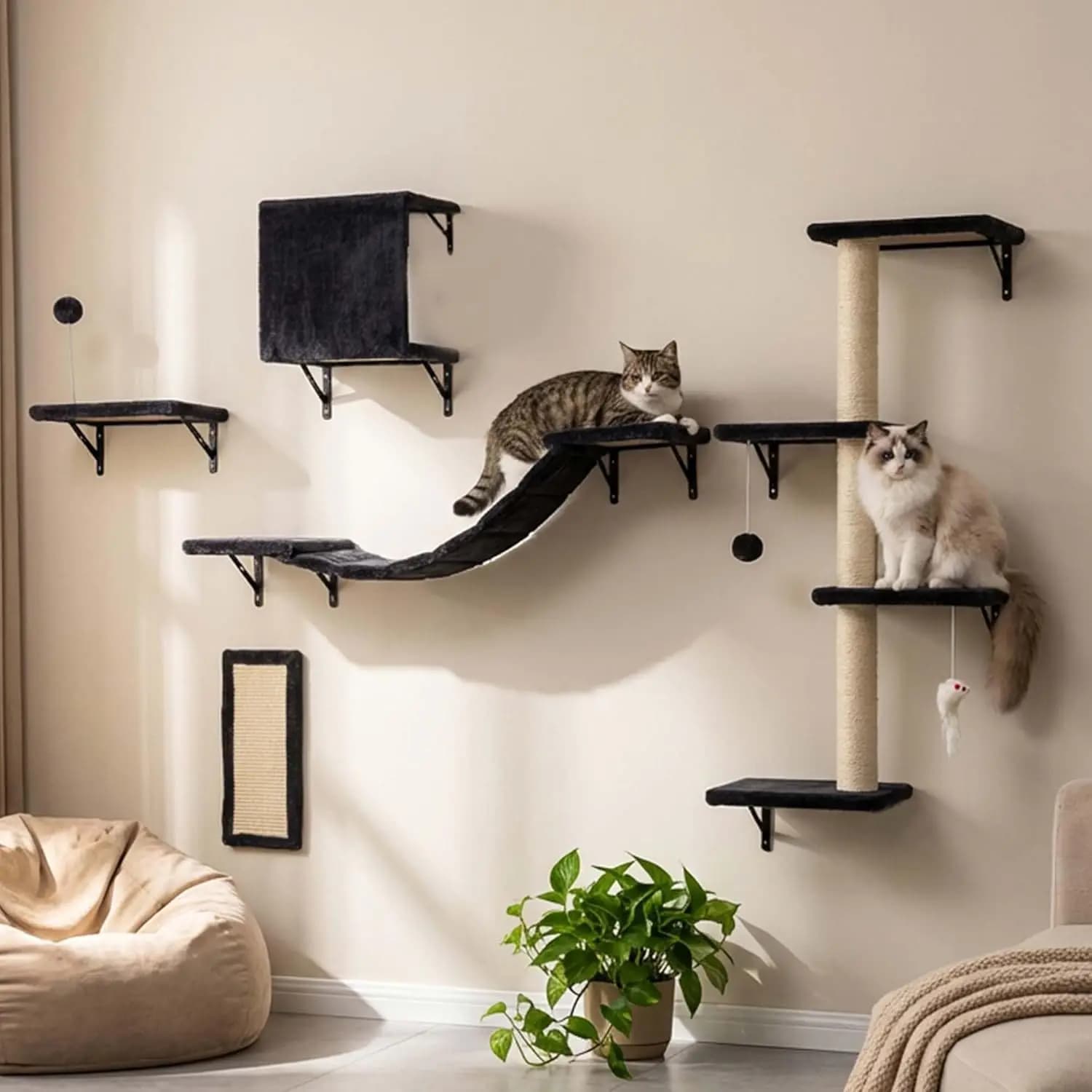 Mensole da Parete per Gatti da Interno in Sisal e Legno, Grigio Scuro, 5-in-1 e Salvaspazio