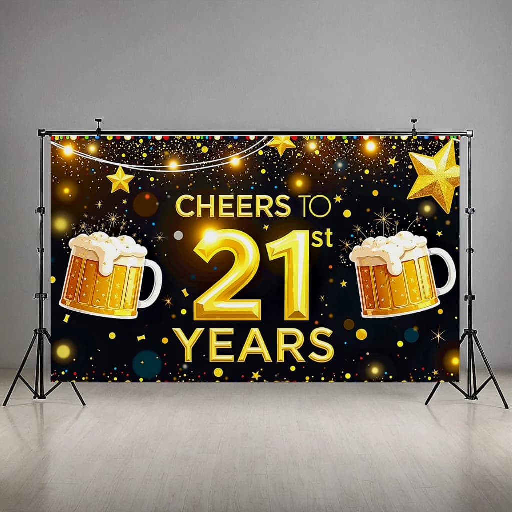 Banner di compleanno dorato Tazze da birra scintillanti per sfondo di feste Celebrazione di compleanno per adulti