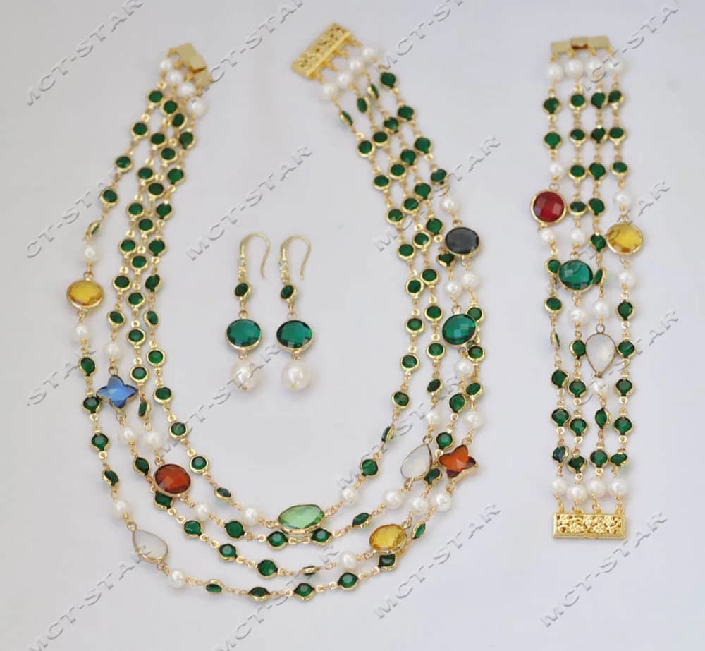 Z13089 4Row Set Green CZ White Round Pearl Multicolor Crystal Necklace Bracelet Earring