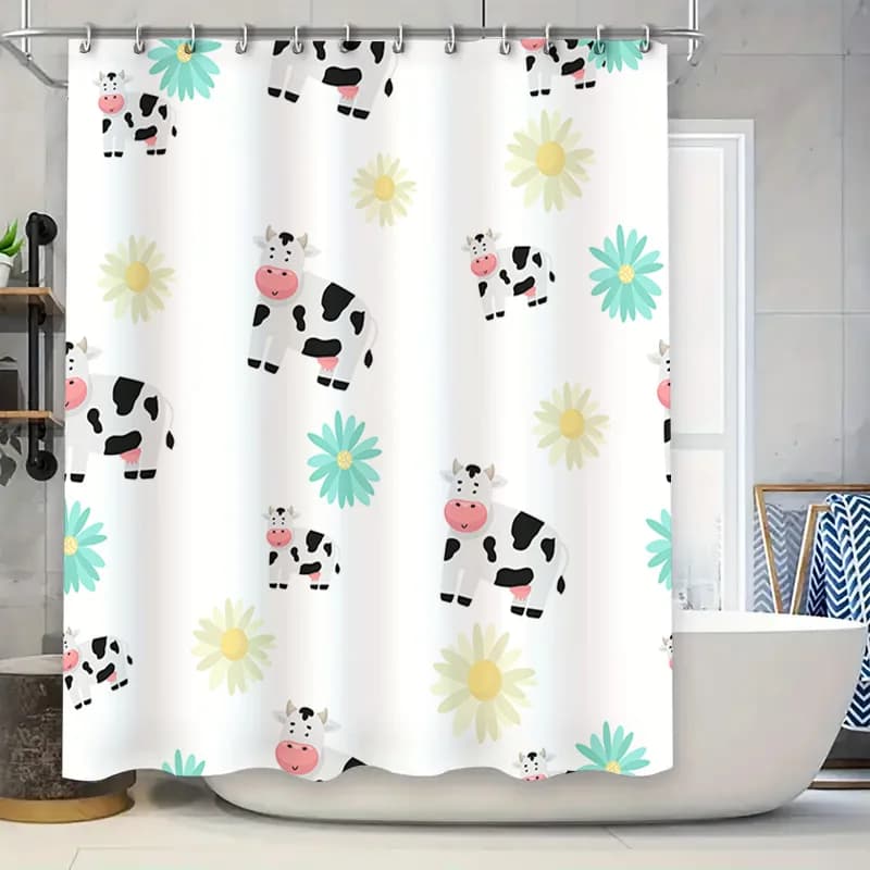 Tenda da doccia con stampa animalier Decorazioni per la fattoria Design floreale di mucca Tessuto impermeabile per la decorazione del bagno Varie dimensioni disponibili