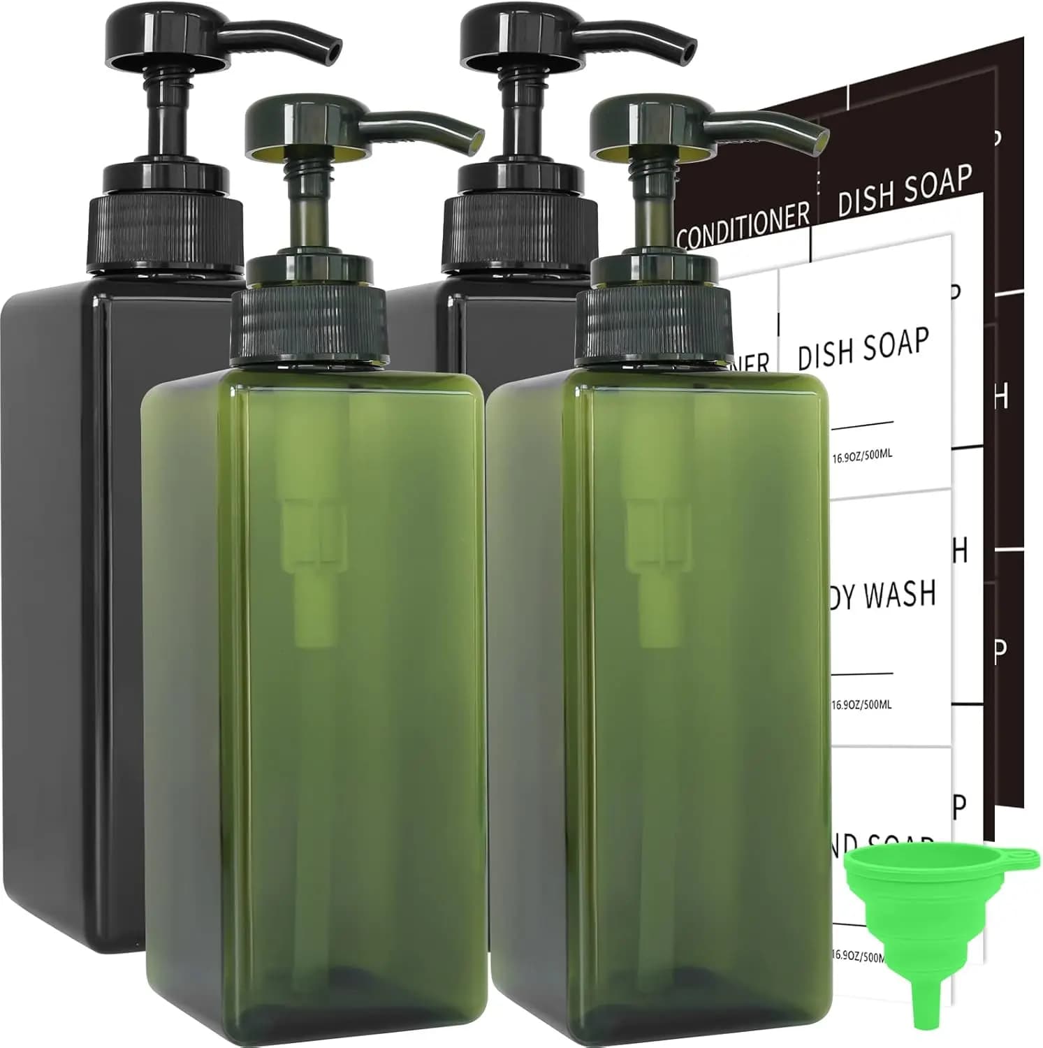Dispenser di Sapone Liquido in Plastica Rinforzata con Etichette Impermeabili per Bagno e Cucina, 16oz Confezione da 4 Nero Verde