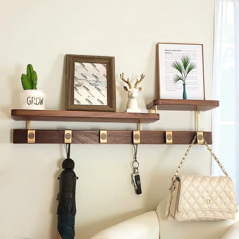Creative Wall-Mounted Hook Rack, Entryway Black Walnut Coat Key Organizer, Solid Wood Hanger Shelf for Hallway Bedroom Storage