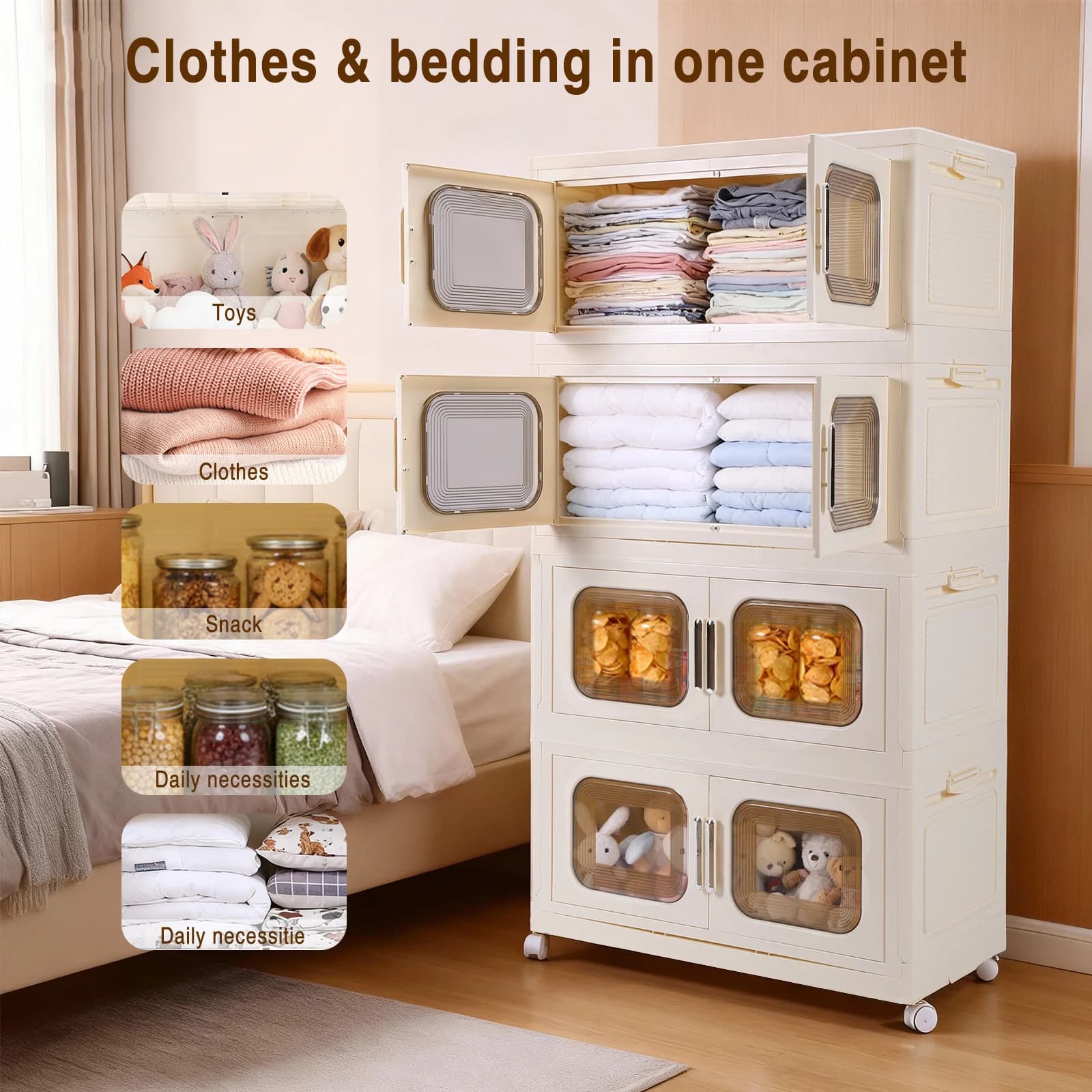 Scatole di Plastica Pieghevoli a 4 Livelli con Ruote e Porte Magnetiche, Organizzatore per Casa, Soggiorno, Camera da Letto, Ufficio