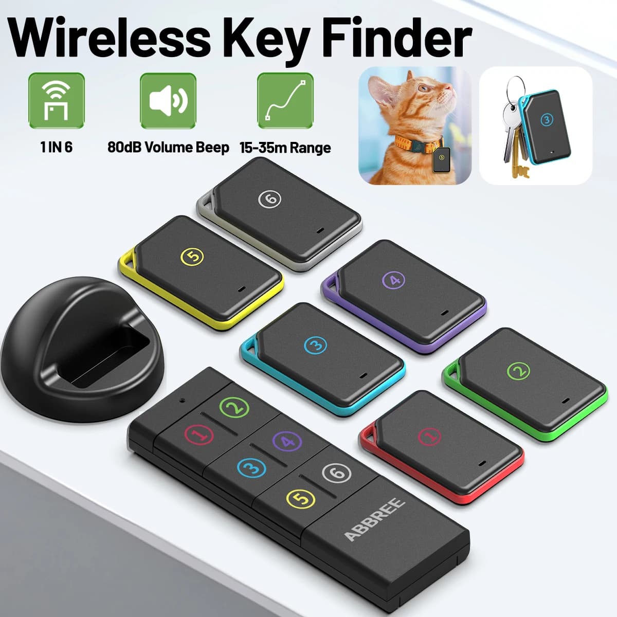 ABBREE Localizzatore di chiavi wireless Localizzatore di chiavi RF con telecomando Dispositivi anti-smarrimento Portafoglio per animali 1 Trasmettitore RF 6 Ricevitore Bambino