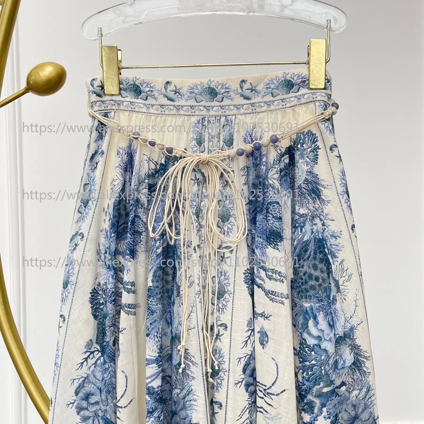 Set with Long Sleeves and Midi skirt with Blue Navy and White Floral Print, New Design 2026