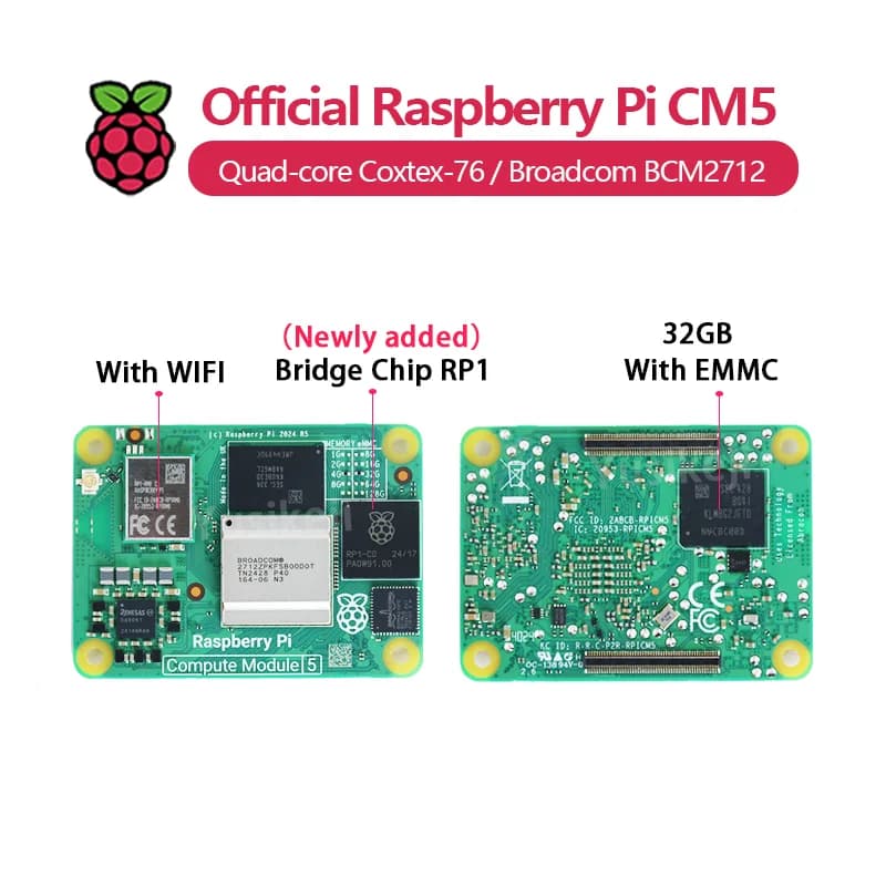 Raspberry Pi CM5 Original 4GB RAM, WIFI/EMMC Optional, Broadcom BCM2712, Double Output 4K + HDR, VideoCore Quad-core 800MHz