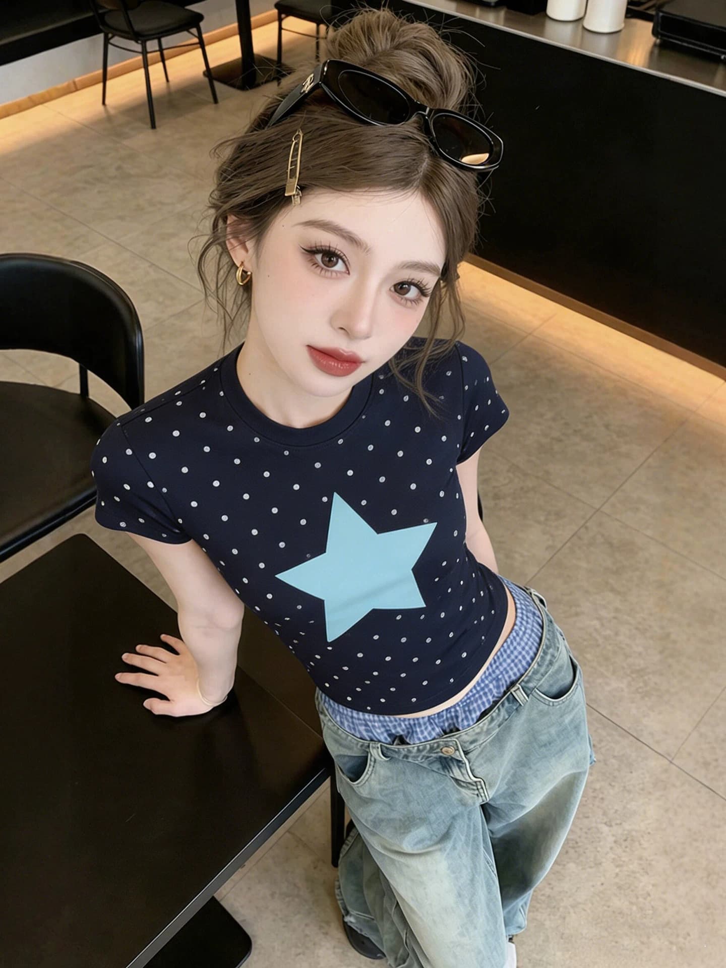 American Style Short Sleeve T-Shirt Women's Slim Fit Summer Top Polka Dot Star Print Bum Shoulder Regular Length round Neck