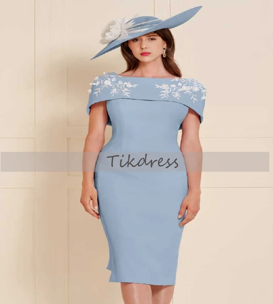 Chic Blue Knee Length Mother Of The Bride Dress 2025 Cap Sleeves White Lace Short Women Evening Dress Formal Mom Party Customize