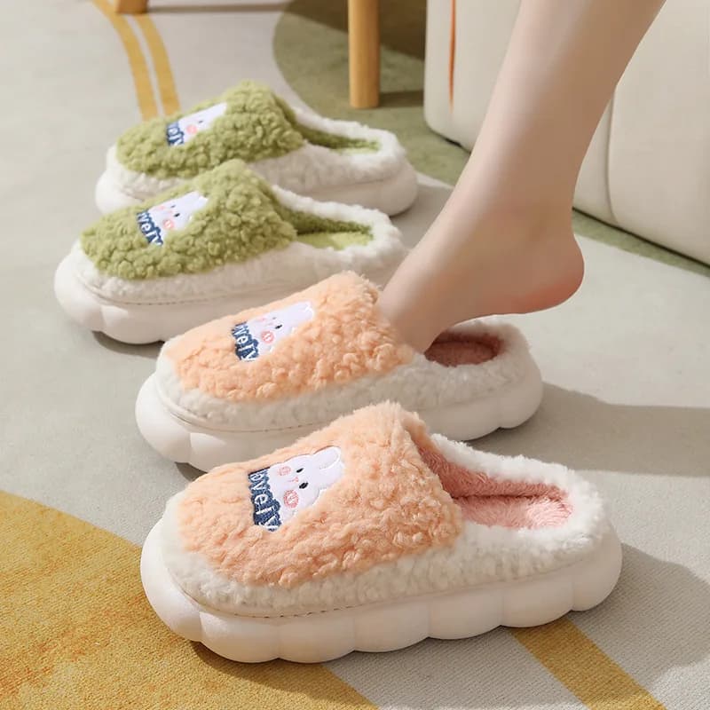 Women Winter Cartoon Cute Fluffy Home Slippers Thick Sole Warm Indoor House Shoes