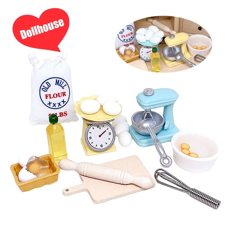 1Set 1:12 Miniature Doll House Farina Frullino for Eggs Rolling Pin Cutting Bottle Oil Bottle Cooking Tool Model Cooking Decoration Toy