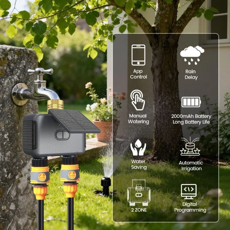 2-Zone Solar Water Timer with WiFi Remote Scheduling, Irrigation Controller for Garden Hose, Rain Delay, Manual Button and M4YD