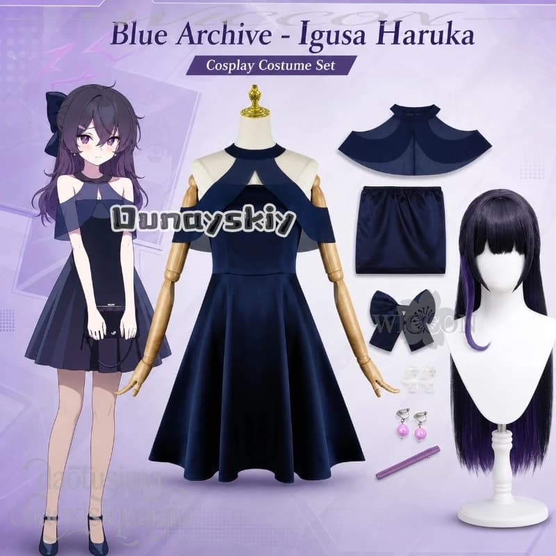 Igusa Haruka Costume Evening Dress Dark Blue Lolita Headwear Earring Wigs Halloween Christmas Cosplay Anime Game Blue Archive