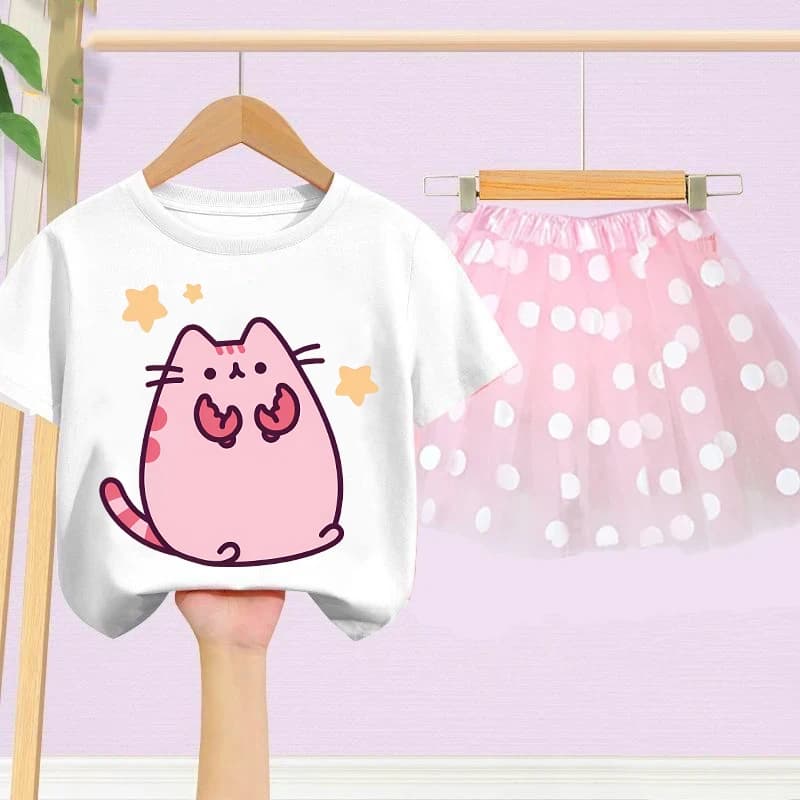 Set T-shirt e Gonna Anime Pusheen, Abbigliamento Estivo per Ragazze, Magliette alla Moda e Gonne in Tulle, Top per Bambini, Kilt a Maniche Corte, Regalo di Compleanno per Bambini