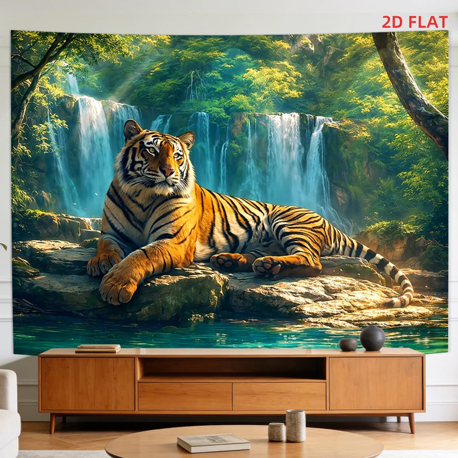 Tiger Waterfall Tapestry, Majestic Tiger Resting by Cascading Falls in Jungle, Wildlife Nature Wall Hanging for Dorm Background