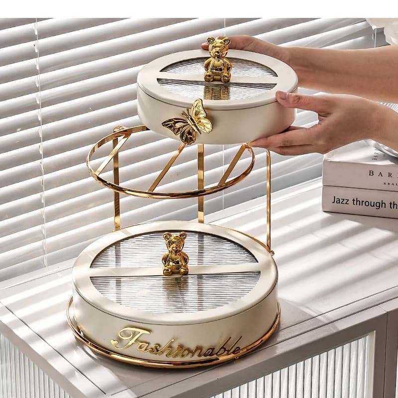 2 Layers Dried Fruit Box Metal Candy Storage Living Room Dim Sum Snack Organizer Home Gifts HQ185