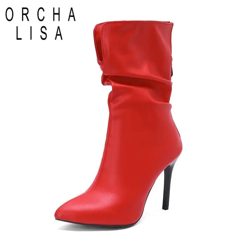 ORCHA LISA Sexy Women's Mid Calf Boots Pointed Toe 10cm Thin High Heel Back Zipper Large Size 46 48 Fashion Dating Party Style
