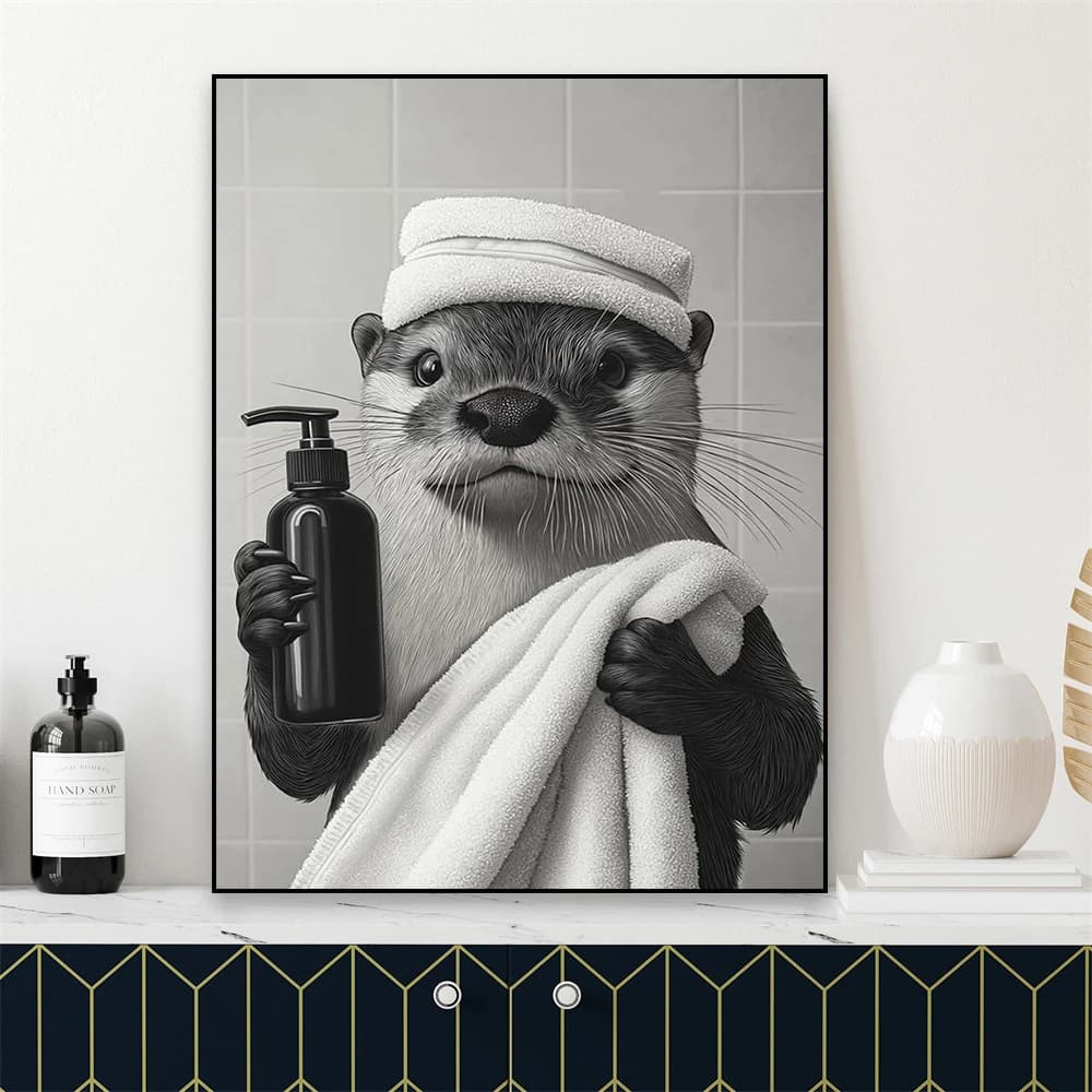 Funny black and white bathroom poster Procione wearing bathrobes Toilette Artistic wall print Painting on animal canvas Artistic bathroom poster