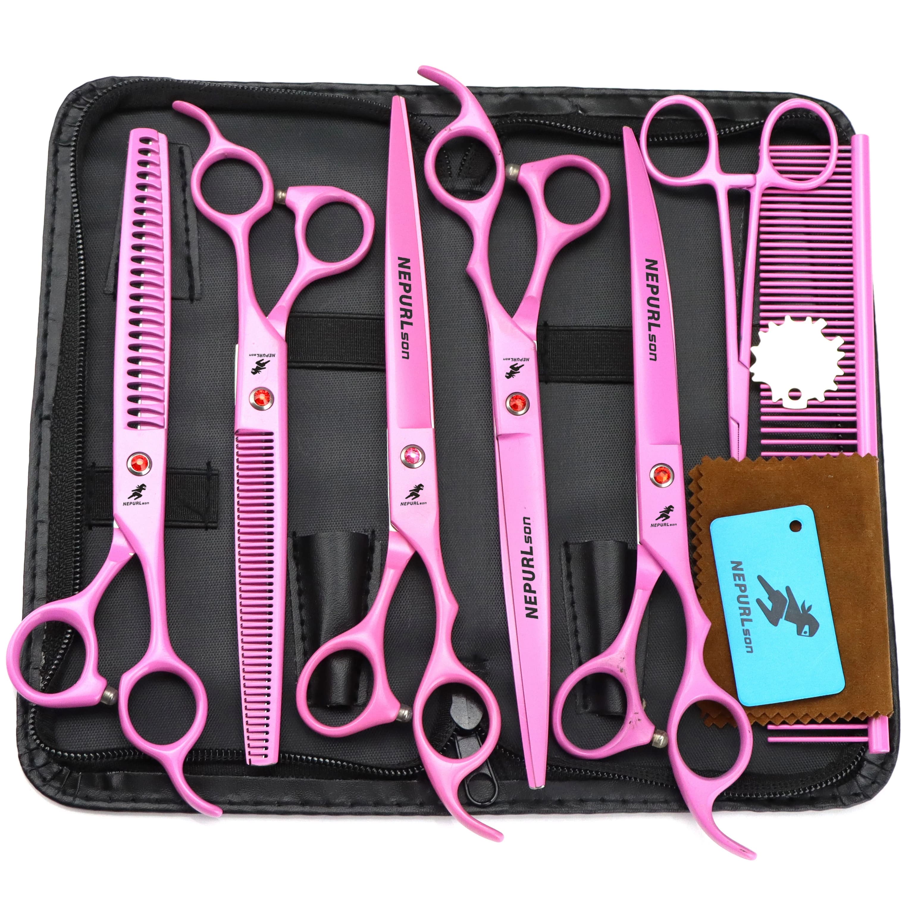 Dog Grooming Scissors Kit Pink Japan Stainless 7.5" 8" Professional Pet Scissors Chunker Scissors Curved Scissors for Groomer