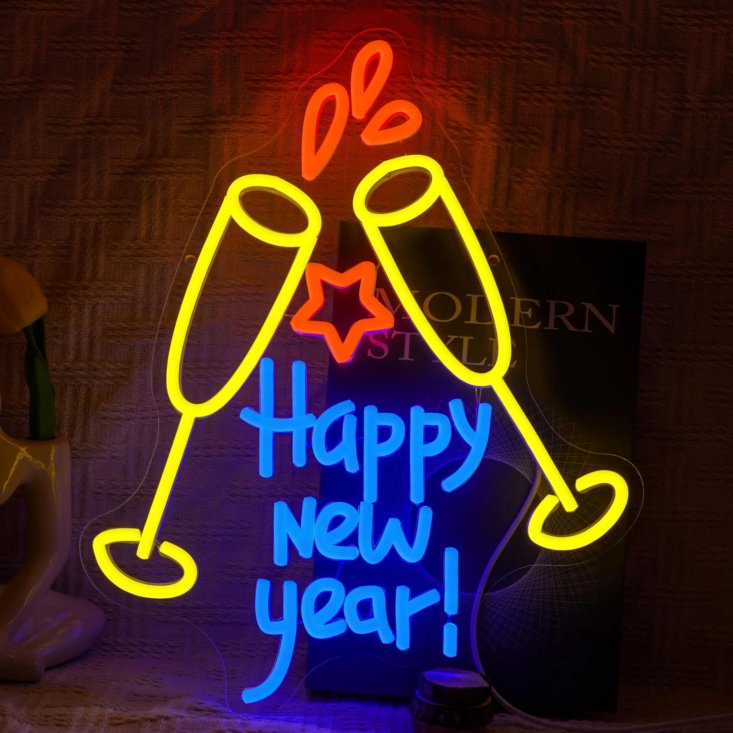 Felice Anno Nuovo Insegna al Neon per Decorazione da Parete Dimmerabile Champagne Cheers Insegna al Neon per la Festa di Capodanno Vacanze di Natale Bar Casa