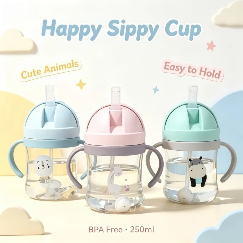New Cartoon Pattern Outdoor Child Drinking Bottle with Straw Baby Feeding Cup Training Portable Handle Water Bottle Watercup