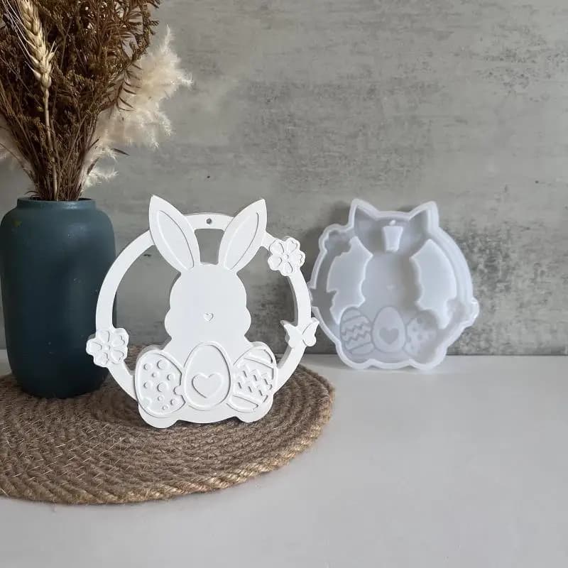 Stampo in silicone a forma di coniglietto pasquale per decorazioni da parete – Design a cerchio irregolare per ghirlande di fiori in gesso/resina fai da te e ornamenti da appendere