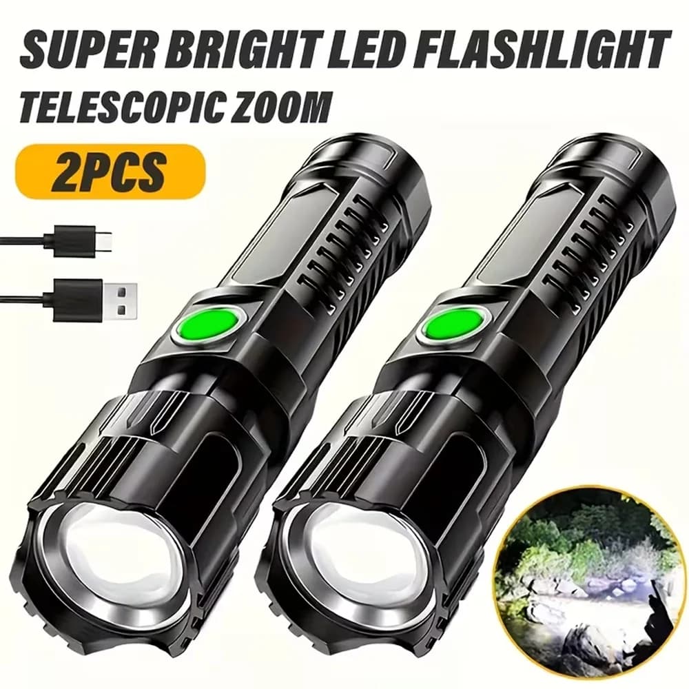 Torcia a LED super luminosa Torcia ricaricabile tramite USB con batteria incorporata Lanterna con zoom telescopico per pesca escursionistica all'aperto