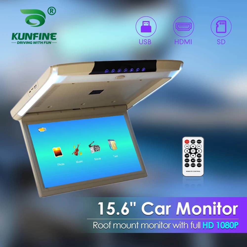 Monitor da tetto per auto da 15,6 pollici TV Flip Down 1080P Video HD Schermo Lettore MP5 Schermo IPS con luce ambientale blu USB SD HDMI FM