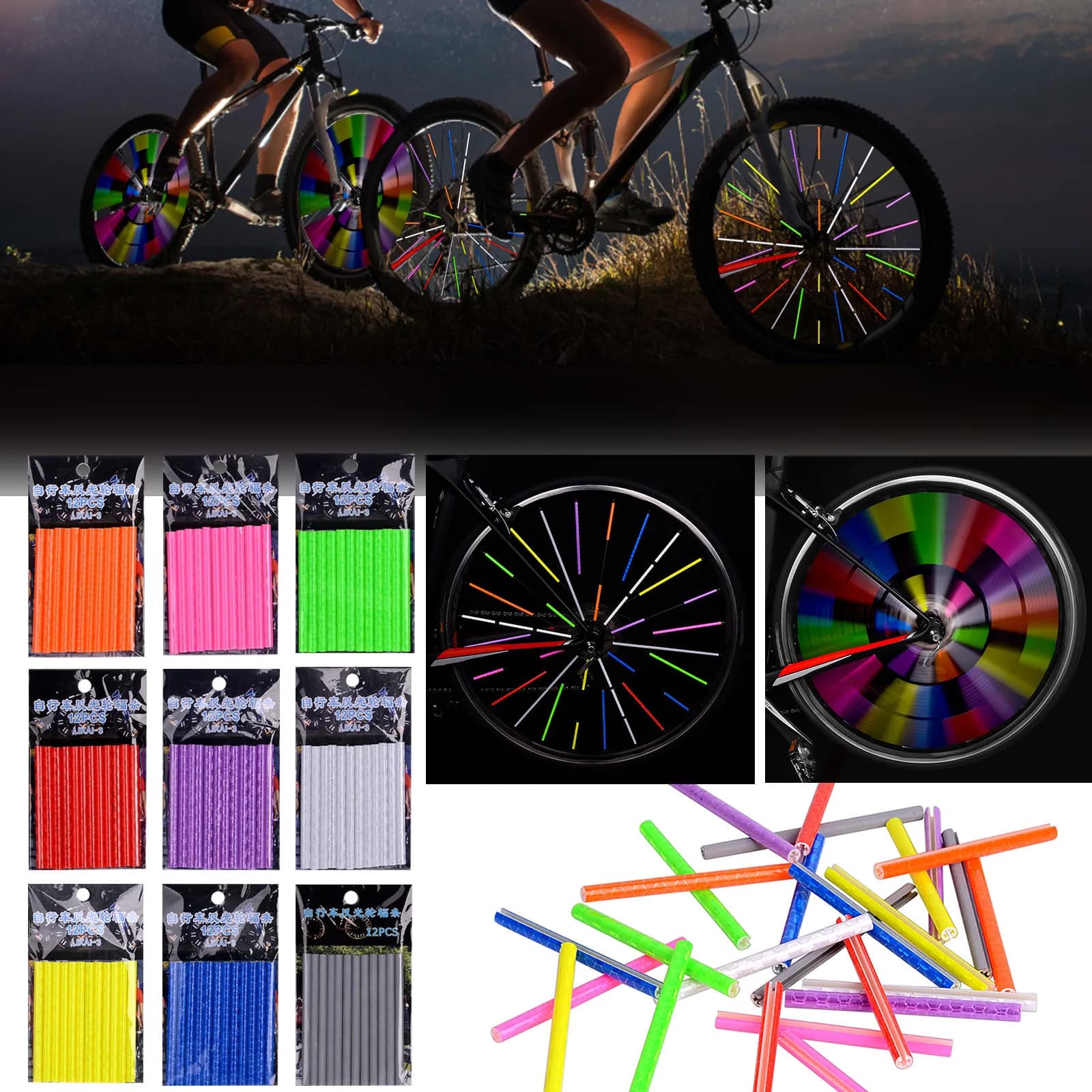 12 pezzi fai da te ciclismo ruota di bicicletta raggi riflettenti tubo colorato spia di sicurezza accessori bici decorazione