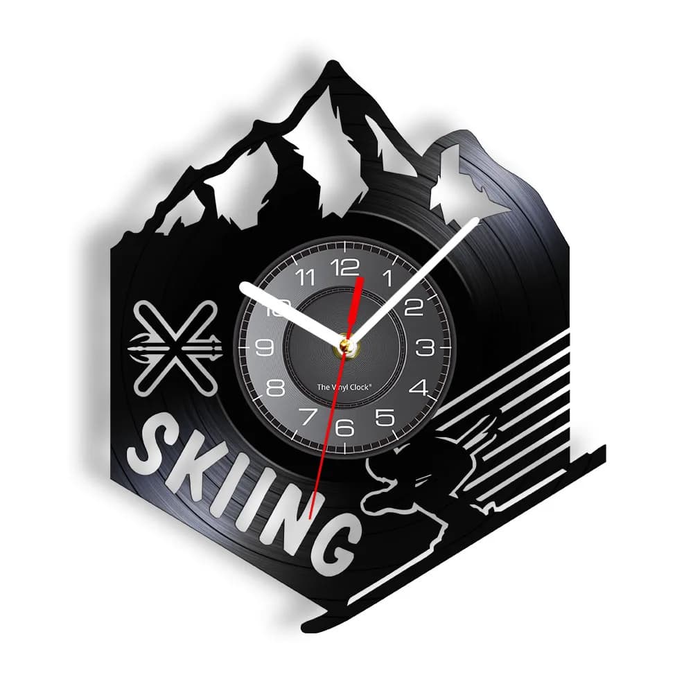 Mountain Skiing Sign Wall Clock Skier Extreme Winter Sports Decoration Ski Vinyl Record Wall Clock Skiing Decorative Clock Watch