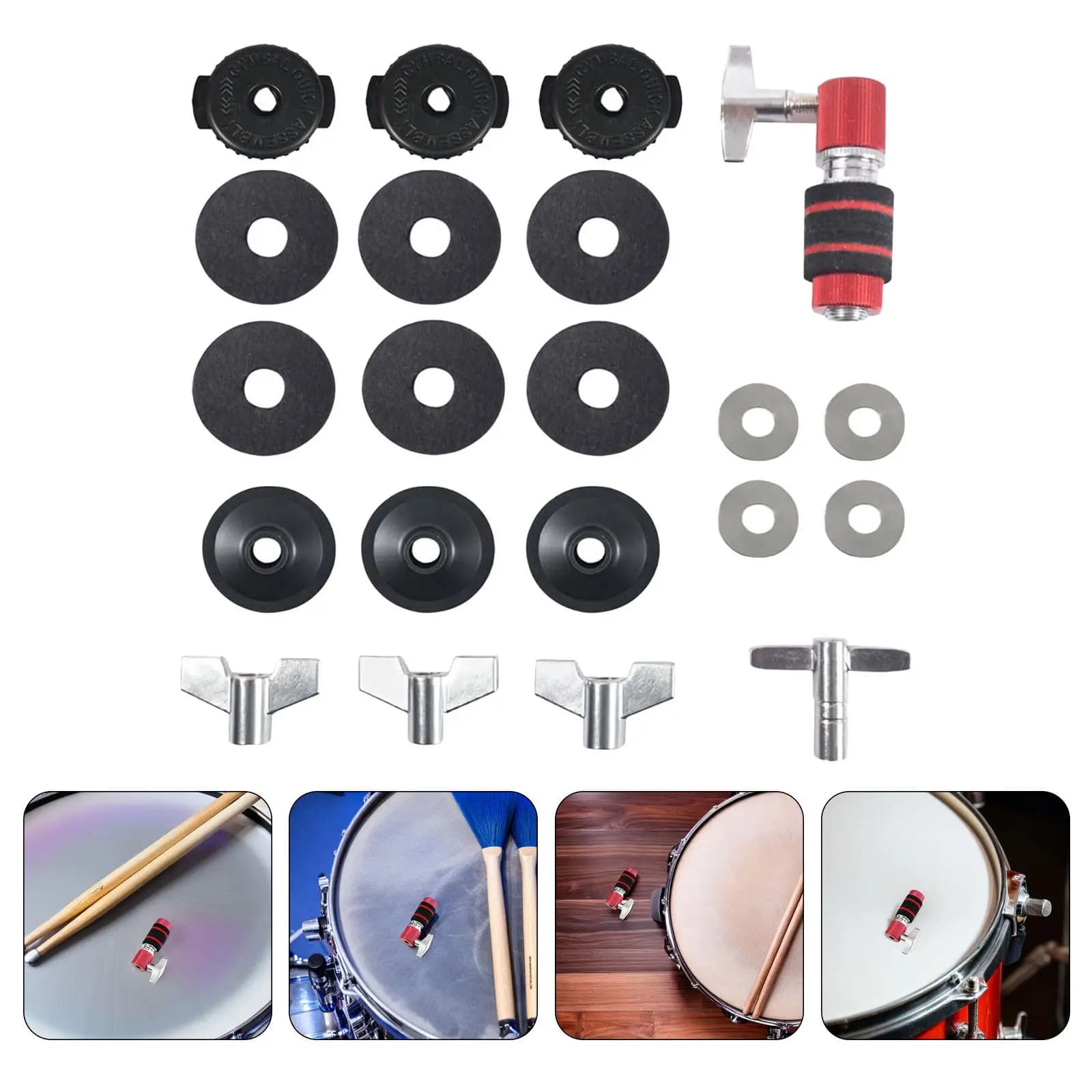Kit Accessori per Batteria da 21 Pezzi: Feltro per Piatti, Set di Rondelle per Frizione, Pad per Frizione Hi-Hat, Chiave per Batteria, Rondelle Universali a T per Piatti