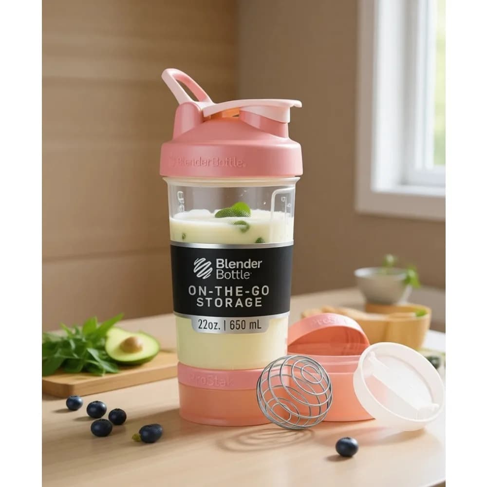 Shaker con organizer per pillole e contenitore per proteine in polvere, 22 once, rosa.