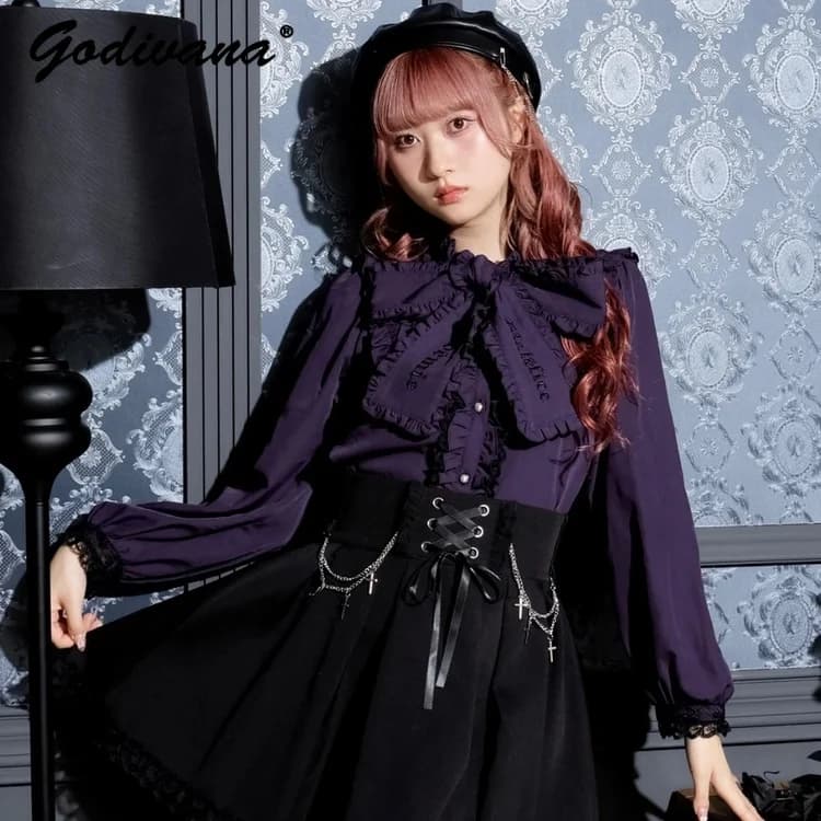 New autumn Japanese series Mine mass production collar with bow with laces embroidered shirt long sleeves girl blouse Lolita woman top