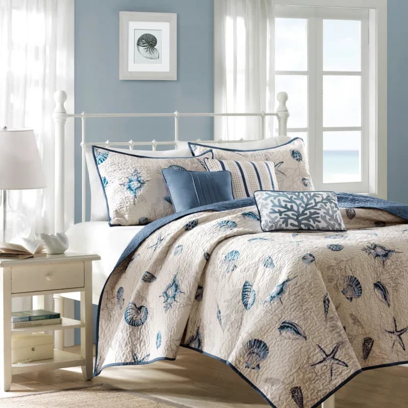 6 Piece Brushed Quilt Set with Throw Pillows Blue King