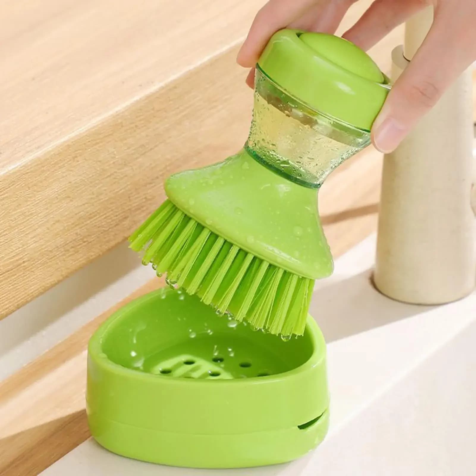 Dish Brush Soap Dispensing Pot Scrubber Dishwashing Brush with Holder for Pot Pan Sink Stove Cookware Bowl Cutting Board