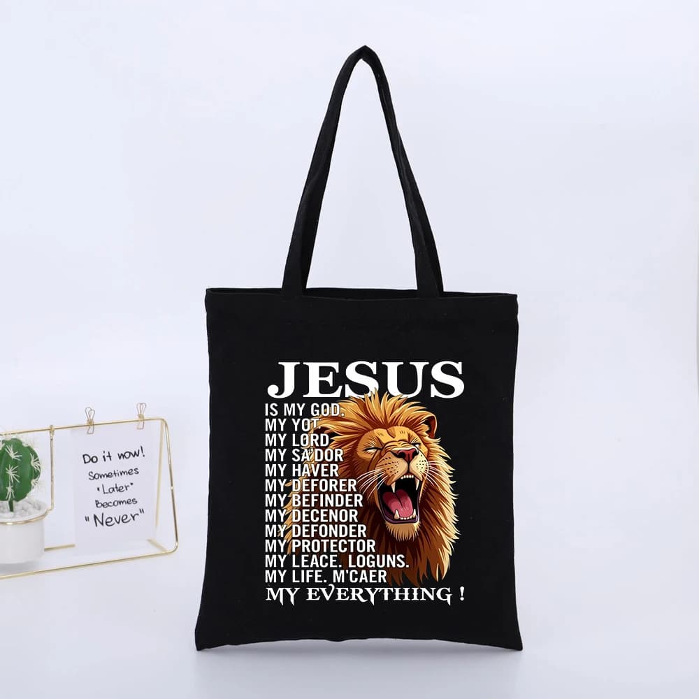 Lion Graphic Canvas Tote Bag with Typography Print, Casual Style for Daily Shopping