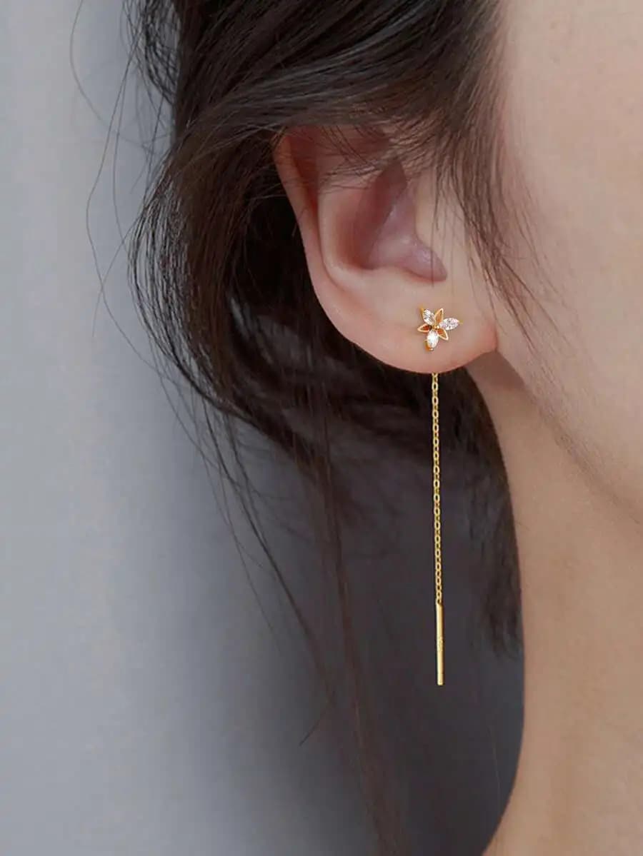 Womens Floral Zirconia Copper Earrings With Chain Dangle
