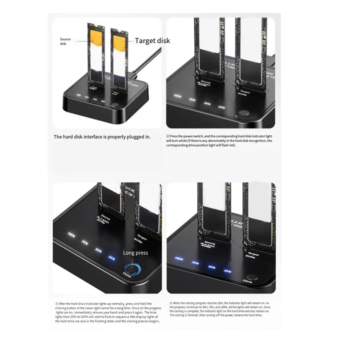 Enclosure Cloner SSD M.2 NVMe 10Gbps Type-C 3.2 Gen2 a Adattatore SSD M.2 PCIe, Docking Station a 2 Bay con UASP