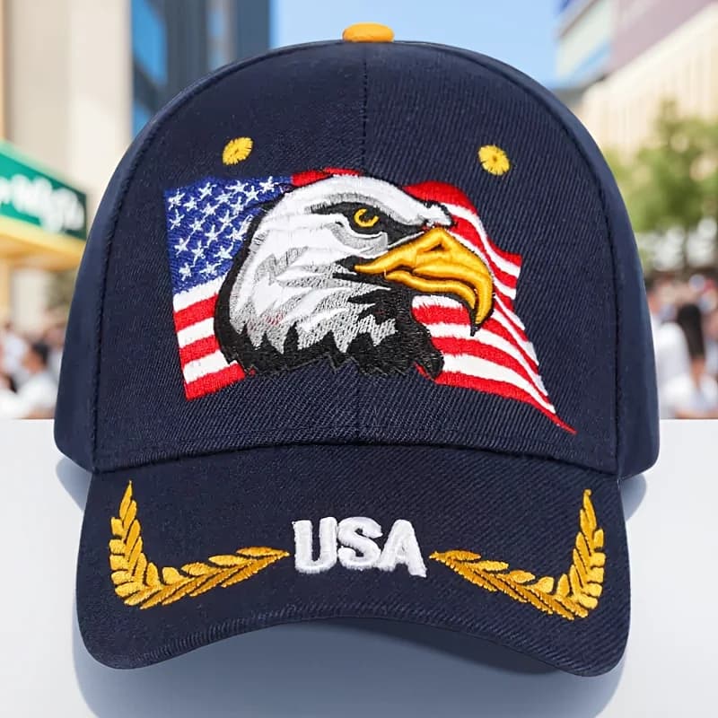 Cappellino da Baseball con Ricamo Aquila, Lettere Color Grano, Stile Street Fashion Casual, Visiera Antivento e Protezione Solare per Esterni, per Camionisti
