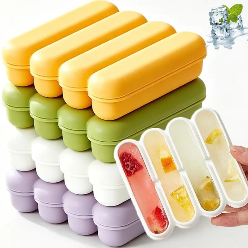 Stampo per Cubetti di Ghiaccio in Silicone a 4 Scomparti, Riutilizzabile e Antigoccia, con Coperchio, per Ghiaccio a Striscia Lunga, Accessori da Cucina