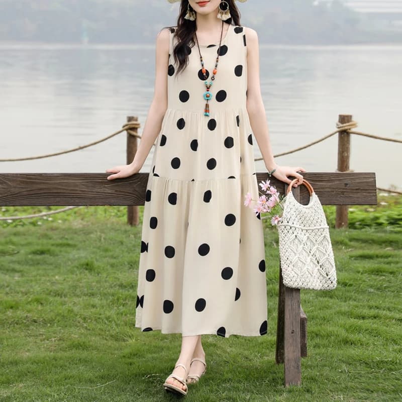 2025 nuove donne estive vestito estivo senza maniche elegante girocollo stampa abito lungo dal carro armato tasche vintage abiti da spiaggia