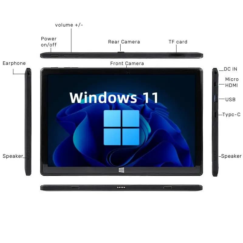 10.1 inch Intel Atom N3350 Tablet with Windows 11, 64-bit Quad Core processor, dual camera, 4GB RAM, 64GB ROM, IPS 1920 x 1200 screen, 1 USB 3.0 port, Micro HDMI.