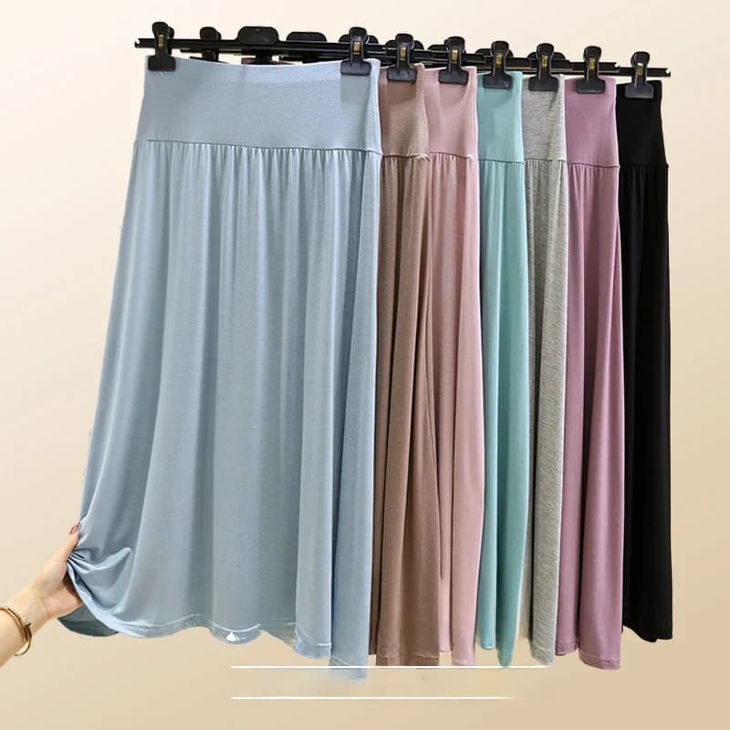 Gonna lunga estiva da donna a vita alta, modello A-line, sottile, casual, tinta unita, a ombrello, in fibra modale