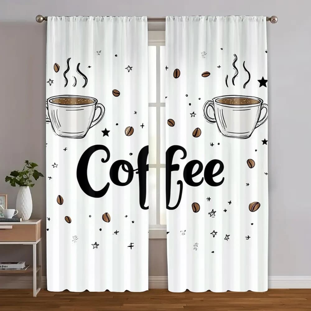 2pcs, Creative Curtains Two cups of coffee Machine Washable Fabric (without rod) Decorations Outdoor Ldeal for Bedroom, Living