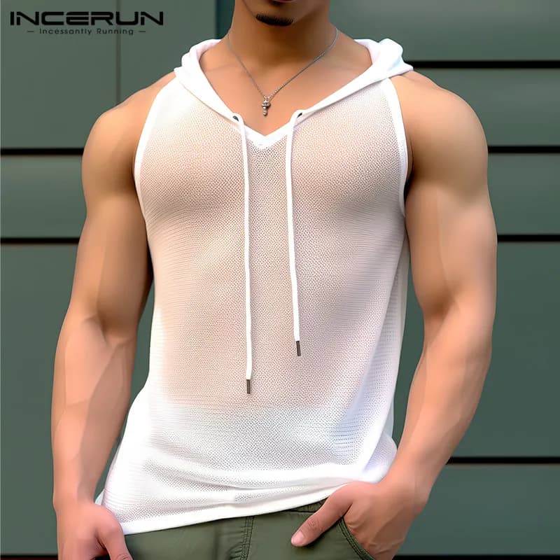 INCERUN Uomini Canotte Maglia Trasparente di Colore Solido Con Cappuccio Senza Maniche Con Scollo A V Gilet Maschili Streetwear Sexy 2024 Moda Uomo Abbigliamento