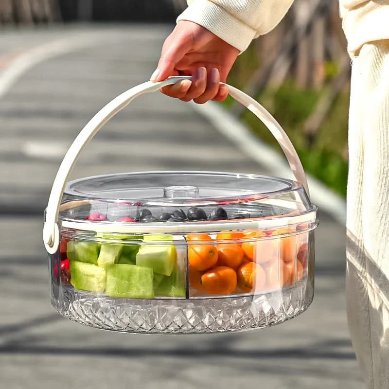Portable Round 5 Compartment Sealed Snack Storage Box with Handle Lid Moisture Proof Divided Serving Tray for Dried Fruit Nuts